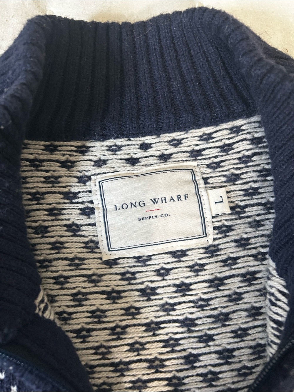 Men's Navy and Cream 1/4 zip Long Wharf Sweater